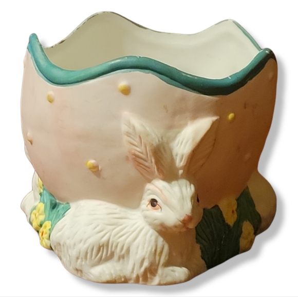 Vtg Candle Holder Tea Light Easter Bunny Rabbit Egg Flowers Jellybeans - Picture 2 of 7